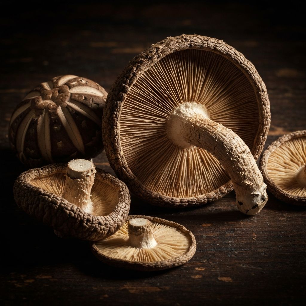 Изсушени шийтаке гъби и шапки на гъби върху тъмна дървена повърхност, с топла насочена светлина, разкриваща детайлната структура на ламелите