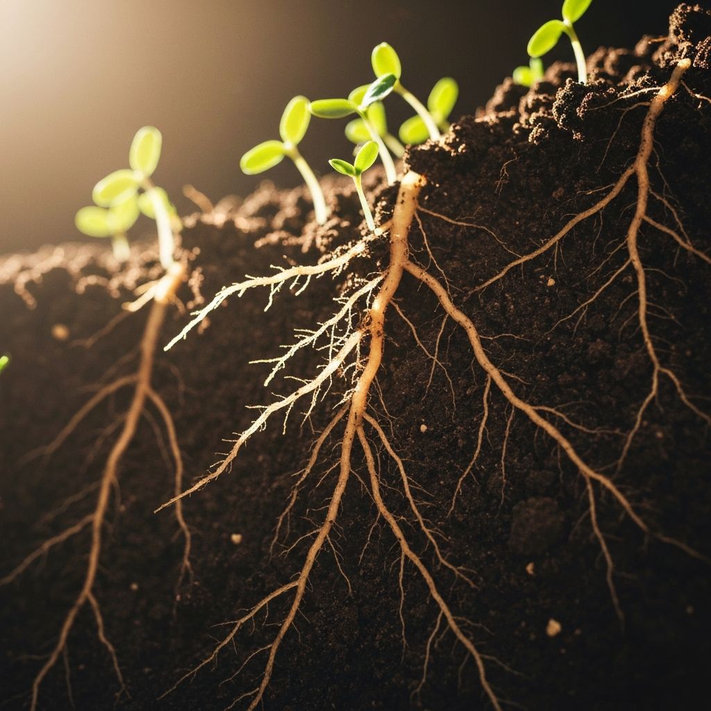 Макро снимка на тъмна почва с покълнали зелени растителни издънки и тънки корени, осветени от топла разсеяна светлина — символ на природните процеси на хранене и растеж